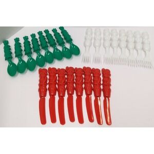 VTG Character Cutlery Christmas plastic utensils 24 pc set Santa/Snowman/Tree